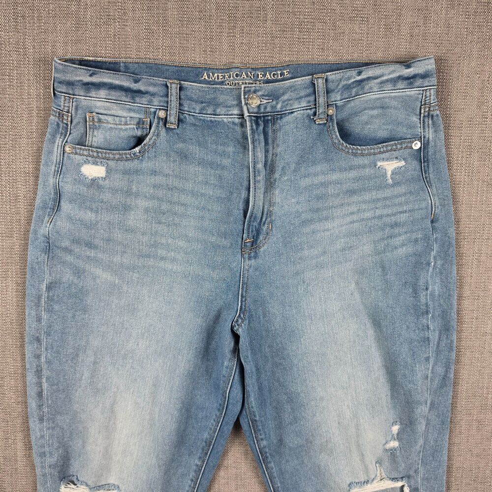 American Eagle Mom Jeans Womens 16 Reg High Rise Distressed Ripped Knee Blue - Picture 3 of 11